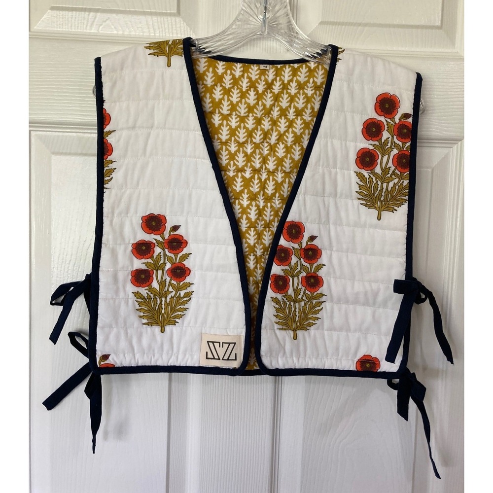 SZ Blockprints Quilted Vest Orange Mustard Poppy Reversible M Artisistic India